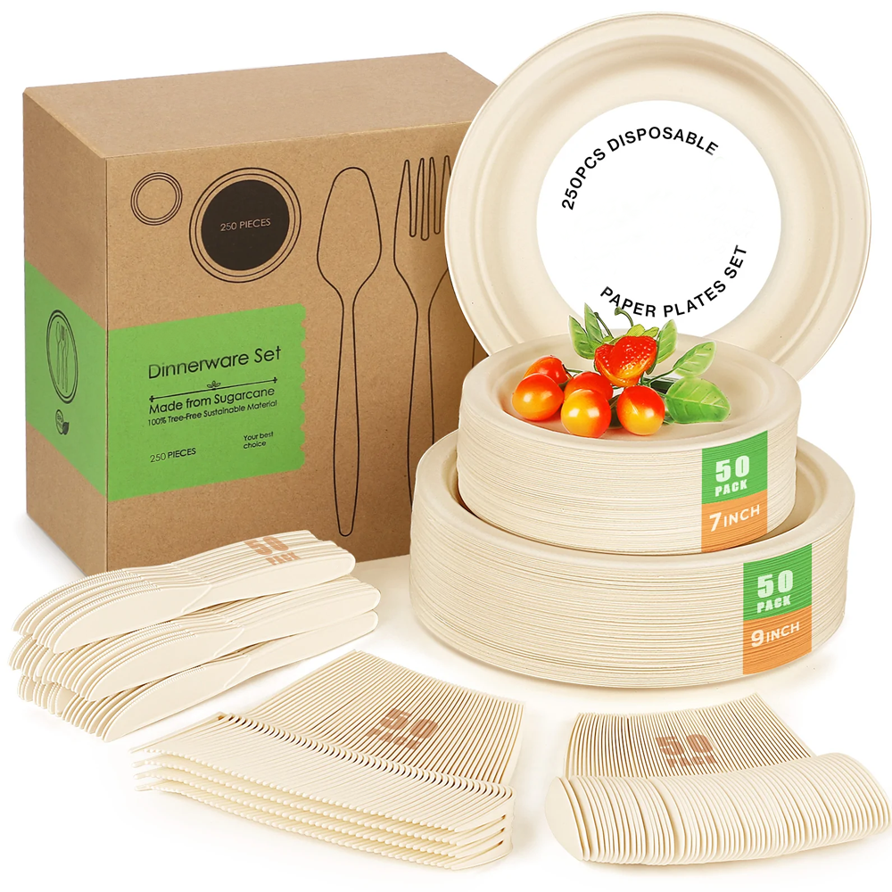 High Quality Biodegradable Disposable Restaurant Sugarcane Plates 9 Inch Dishes Paper Plates and Cups 