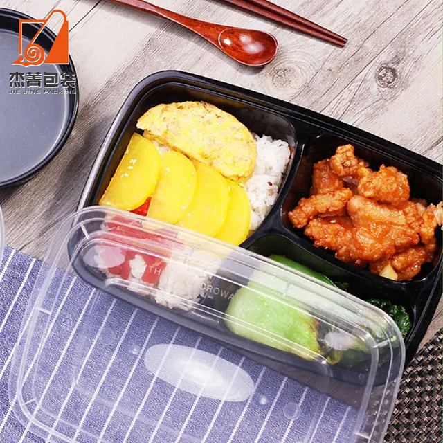 Disposable 1000ml Plastic Bento Box with 3 Compartments and Lids Square Take Away Food Container for Lunch Packaging