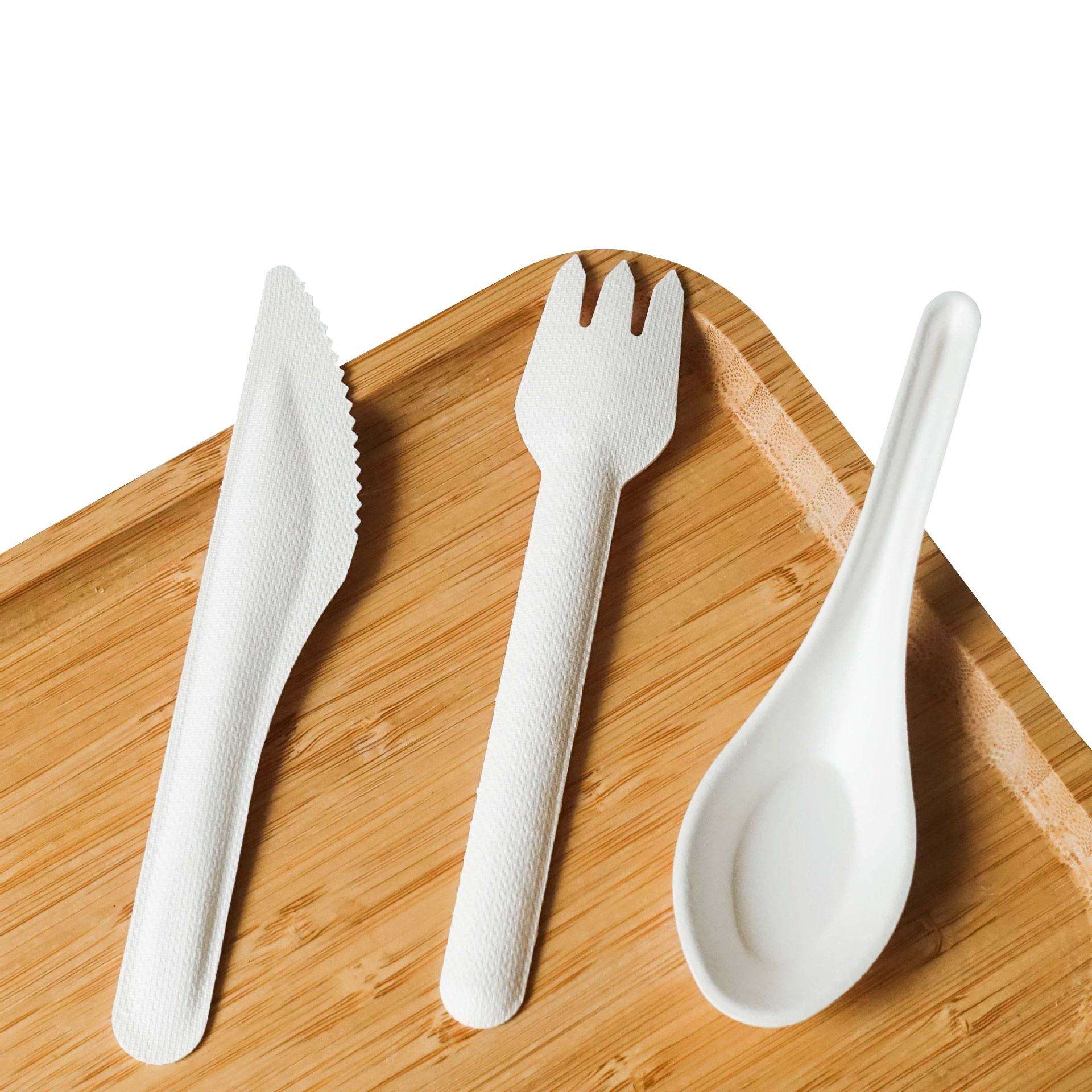 Wholesale Natural Biodegradable Bulk Bagasse Spoon forks knives Disposable Sugarcane Paper Cutlery