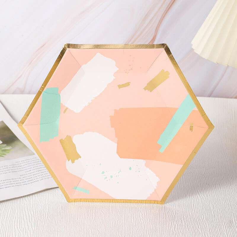 Quality supplier Custom hexagonal colored disposable gold-plated paper plates can be used to decorate parties
