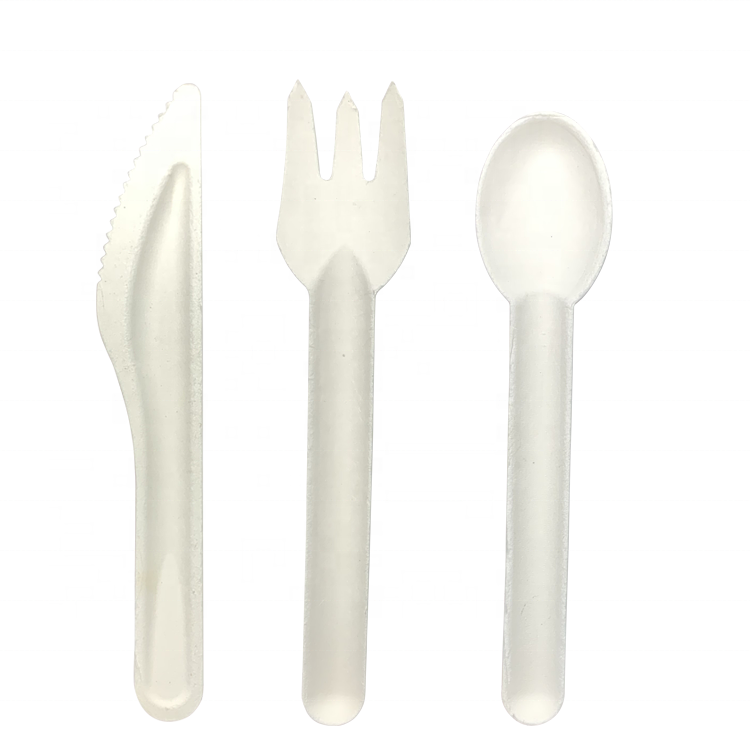 100% Bagasse Cutlery Compostable Knife Fork and Spoon Eco Cutlery Set Sugarcane Bagasse Paper Cutlery