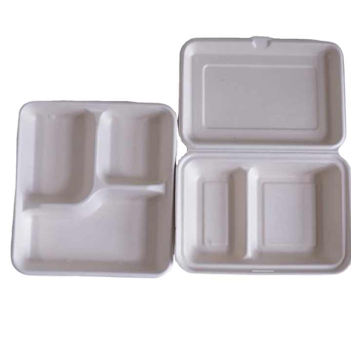 Eco-Friendly 9*6\" Disposable Sugarcane Biodegradable Lunch Box Container 2 Compartment Bagasse Clamshell Sustainable