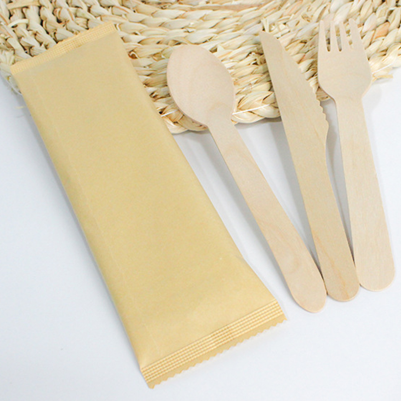 Heiße biologisch abbaubare kompost ierbare 16cm Holz besteck Set vor gerollte Serviette gewickelt Einweg gabeln Messer Löffel für Partys