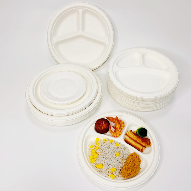 Biodegradable 9inch 3-grid Bagasse Round Plate