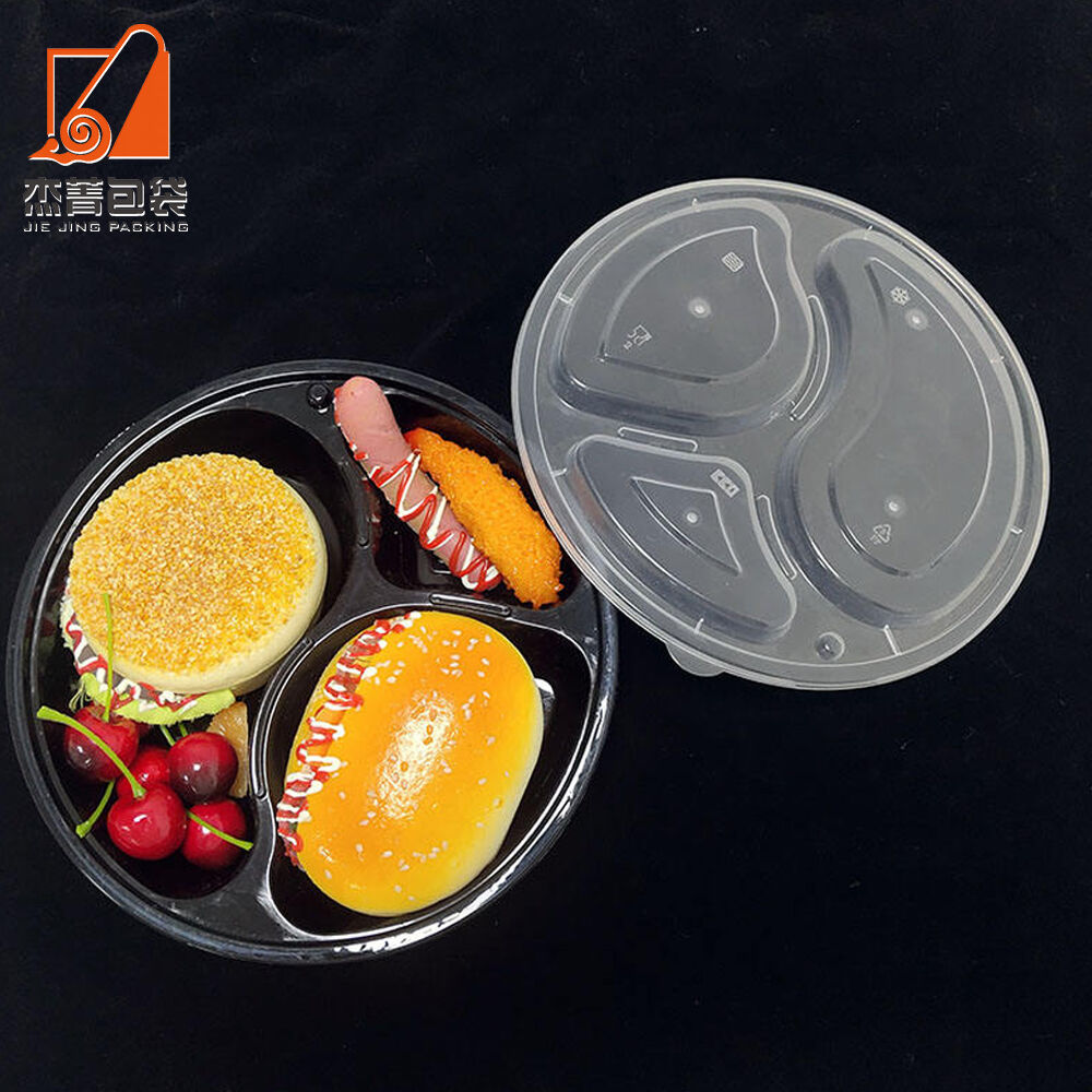 Food Grade 3 Compartment Freezer and Microwave Safe Injection Storage Bento Box Takeout Packaging Round Basin Tableware with Lid