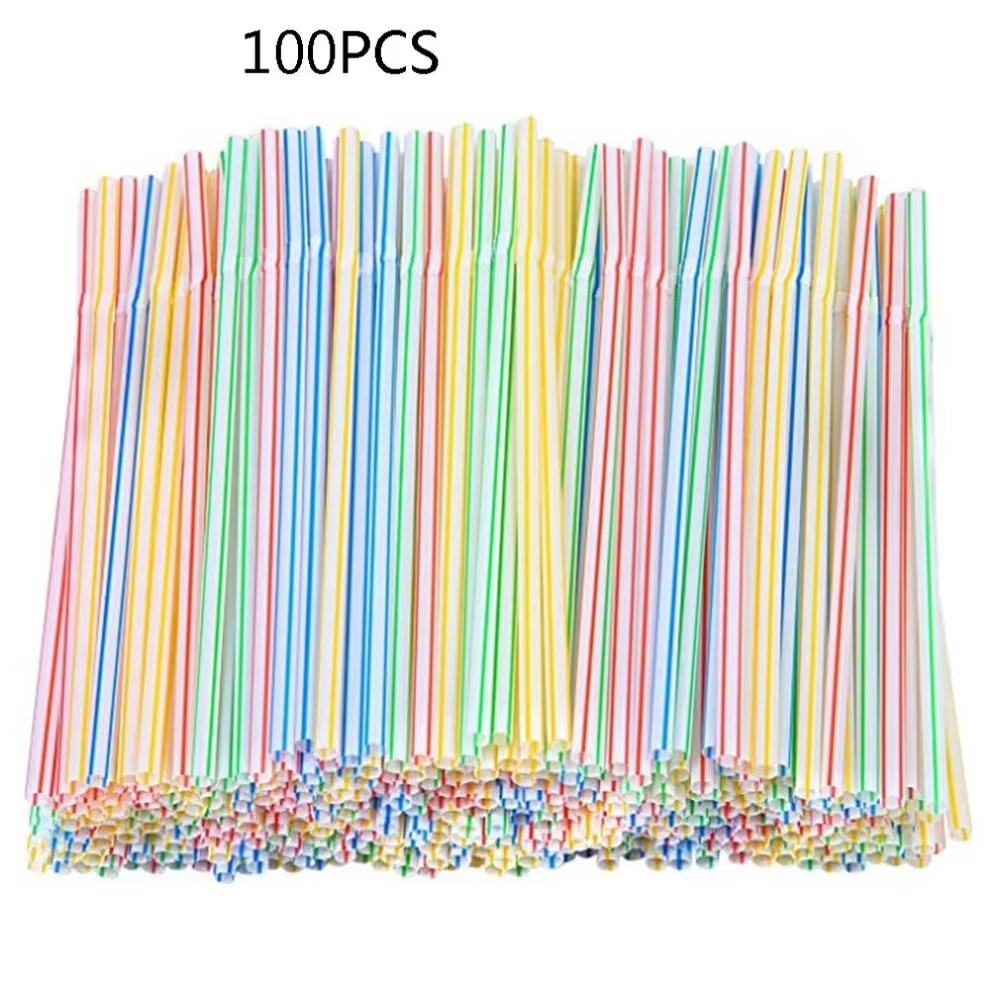 100pcs/pack 8 Inches Striped Bendable Disposable Plastic Drinking Straws Party Multi Colored Straw