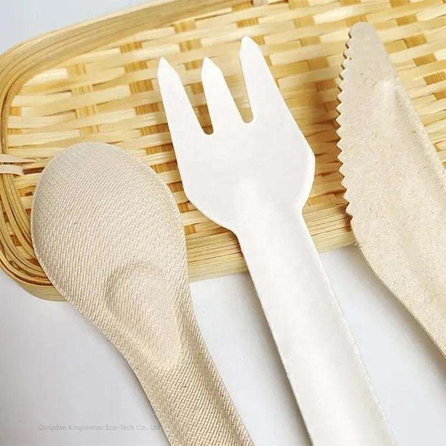 Wholesale Natural Biodegradable Bulk Bagasse Spoon forks knives Disposable Sugarcane Paper Cutlery