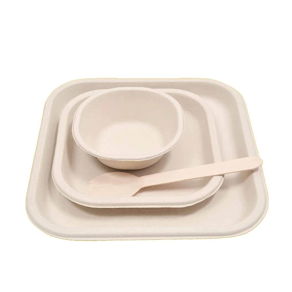 Custom Biodegradable Food Tray Sugarcane Bagasse Tableware 5 Compartment Trays Disposable Plates and Cups