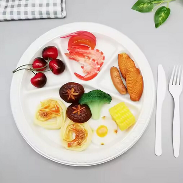 Disposable 12 Inch 4 Compartment Corn Starch Biodegradable Food Serving Plates For Fast Food Fruits