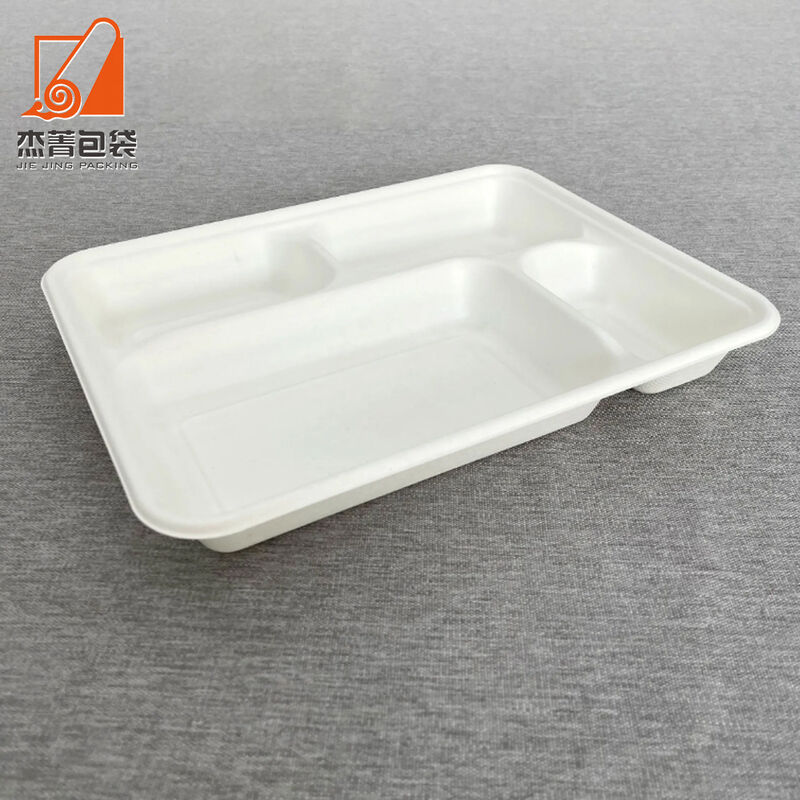 4 Compartment Meal Tray Rectangular Plate Greaseproof Microwavable Disposable Sugarcane Paper Plates