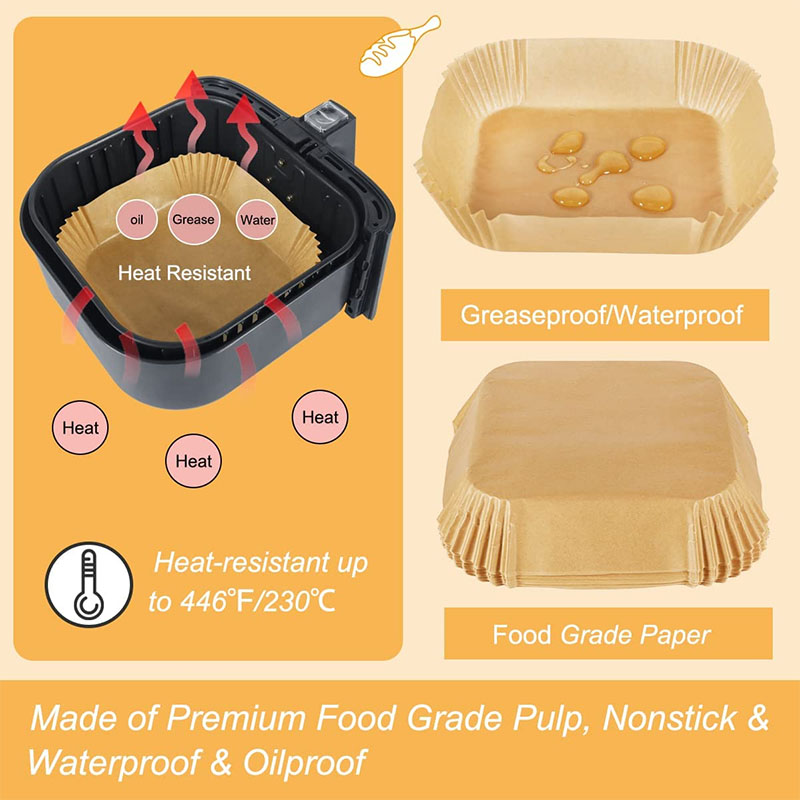Individuelle braune weiße quadratische einweg-luftfritteuse Parchment-Papier-Lebensmittelqualität-Silikon-Öl wasserdichte Küchen-Luftfritteuse Liner