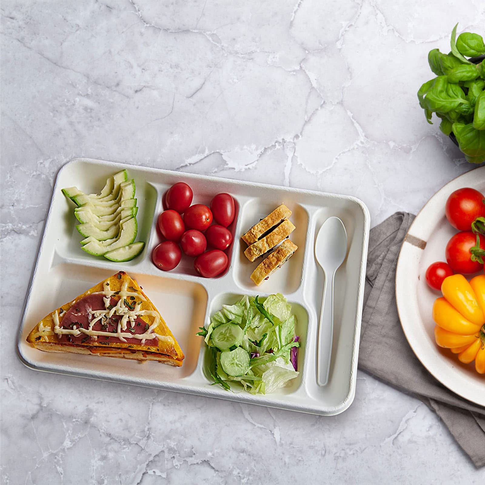 100% Compostable Heavy-Duty Biodegradable Sugarcane Plates 6 Compartment Plates School Lunch Trays