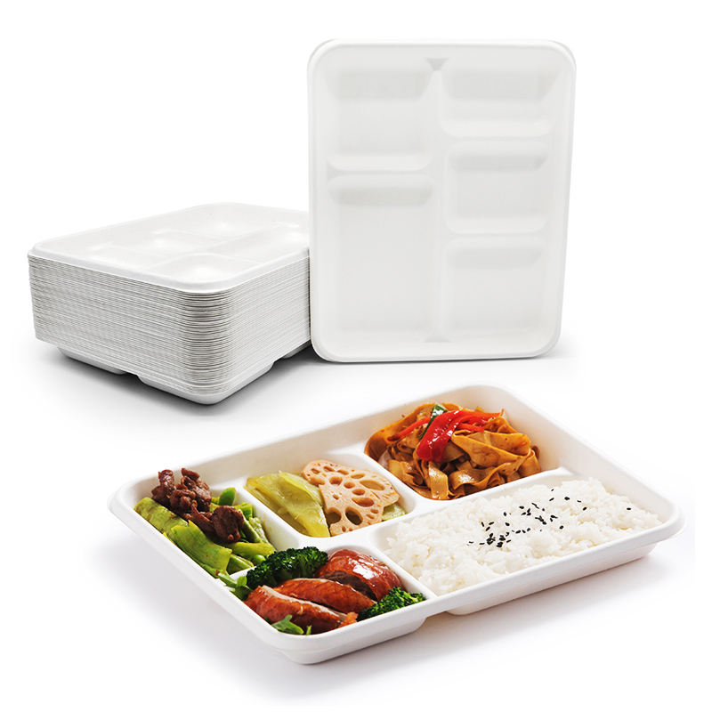 5 Compartment Rectangular Disposable and Compostable Dinnerware Sets Biodegradable Bagasse Food Platter Tray