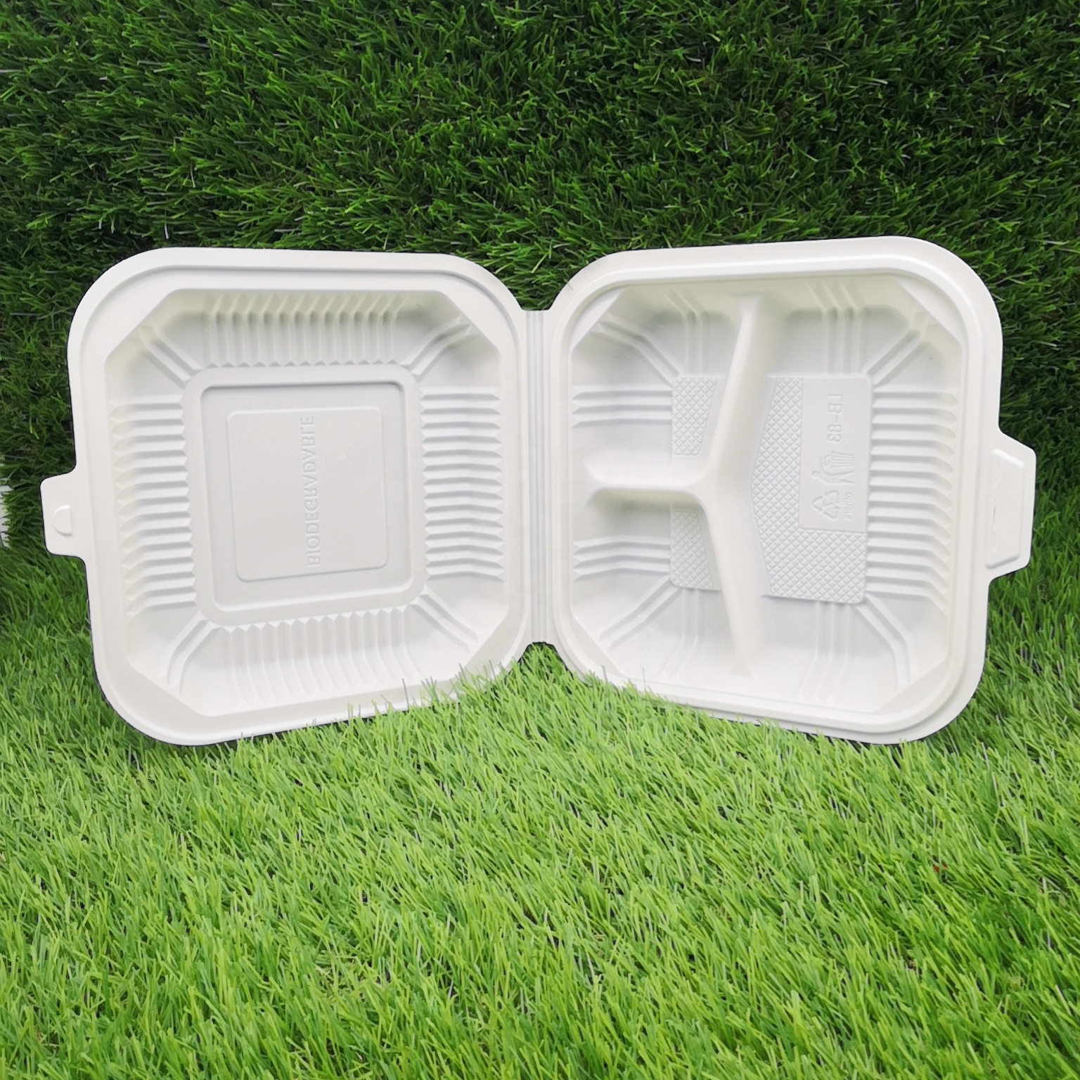 kompostierbare einweg-lunch-klappbox aus maisstärke 8*8 mit 3 fächern