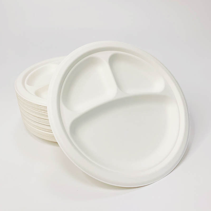 Biodegradable 9inch 3-grid Bagasse Round Plate