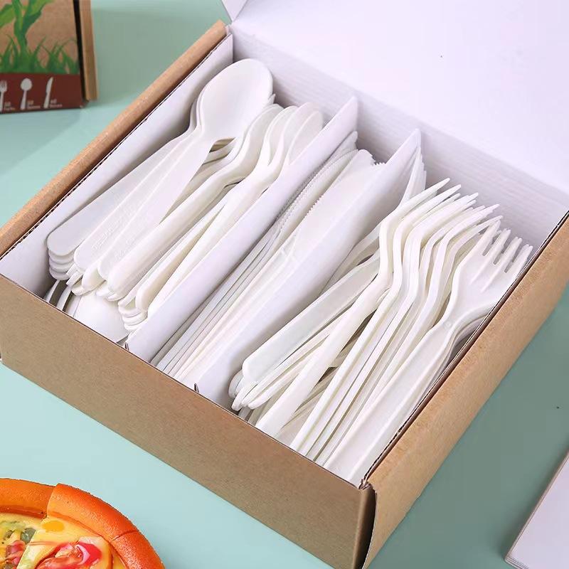 Disposable 100% Compostable Cornstarch Cutlery Set Extra Large Soup Spoons Fork Knife PLA and CPLA Utensils Paper bag box set