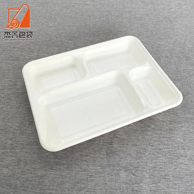 4 Compartment Meal Tray Rectangular Plate Greaseproof Microwavable Disposable Sugarcane Paper Plates