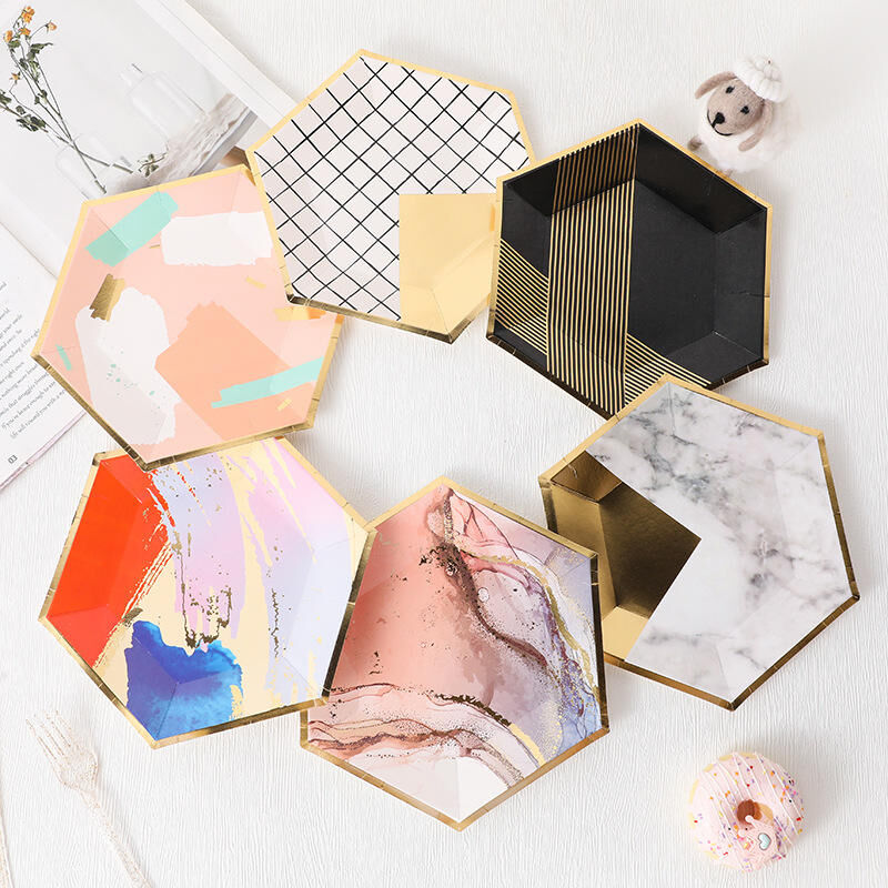 Quality supplier Custom hexagonal colored disposable gold-plated paper plates can be used to decorate parties