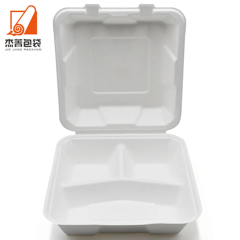 Biodegradable bagasse pulp takeout lucn box 8 inch 3 compartment sugarcane food container