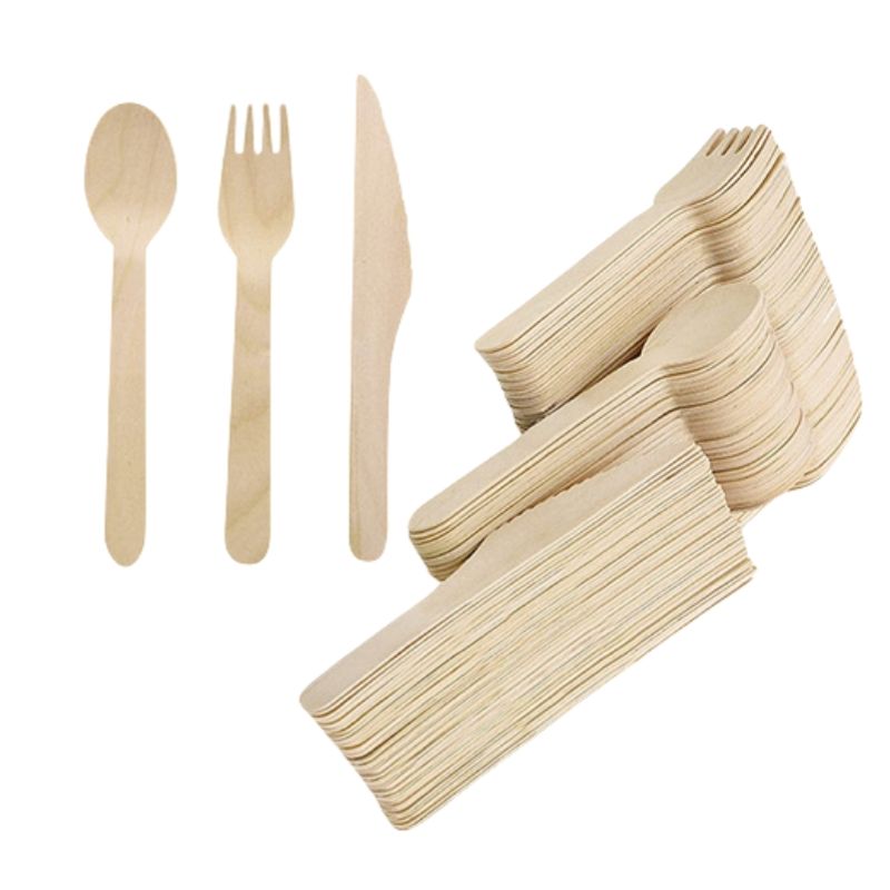 Ready To Ship Biodegradable Bulk Birch Wood Spoon / Forks / Knives Disposable Wooden Cutlery Set