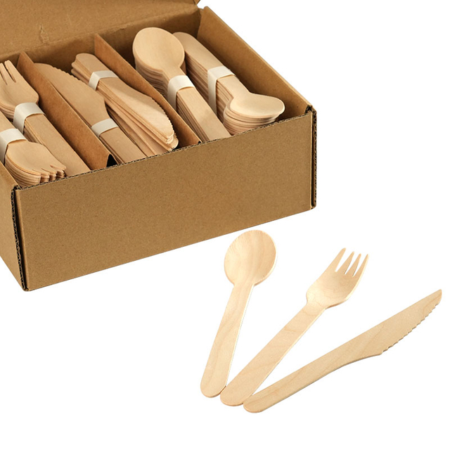 Ready Bulk Eco-friendly Birch Wood 216pcs 160mm Wooden Fork Spoon Knife Set Disposable Wooden Cutlery Sets