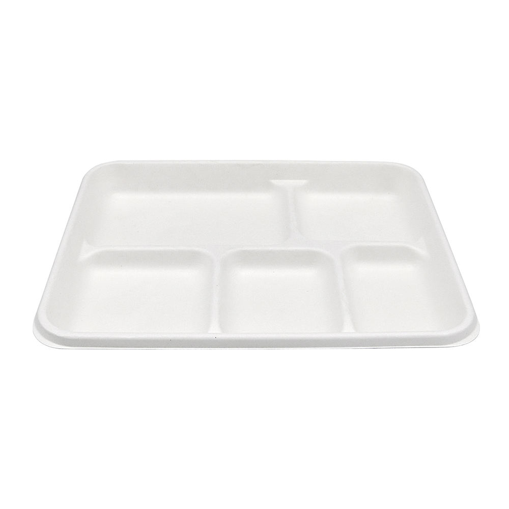 Cheap Wholesale Sugarcane Bagasse Food Trays Biodegradable 5 Compartment Deep Tray with Lid