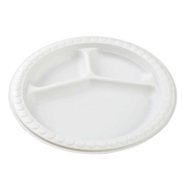 Microwavable 3 Compartments Disposable Corn Starch Plates Environmentally Friendly Round White Plates