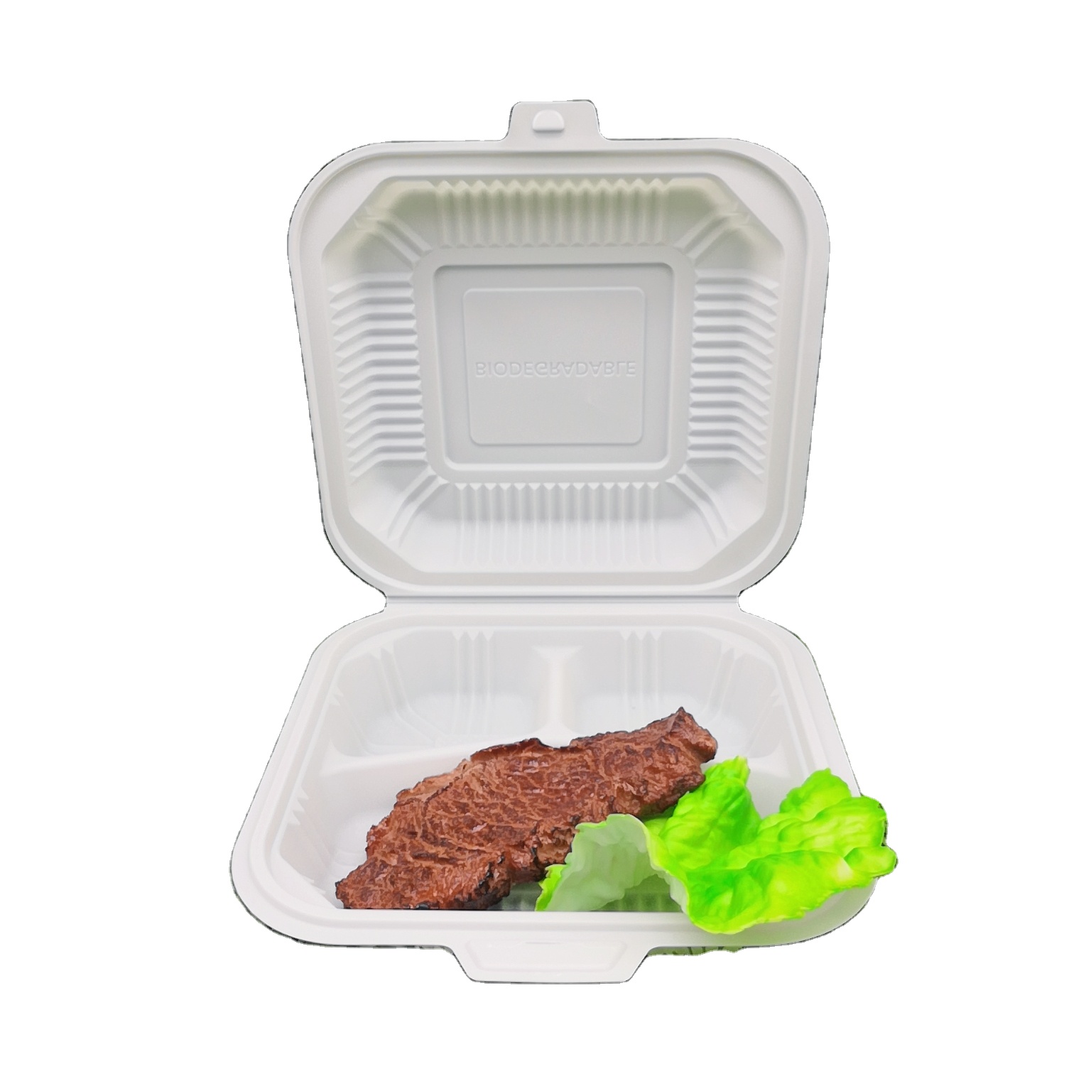 kompostierbare einweg-lunch-klappbox aus maisstärke 8*8 mit 3 fächern