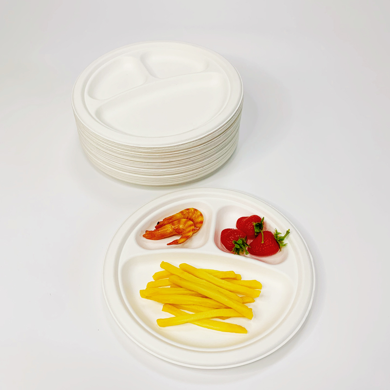Biodegradable 9inch 3-grid Bagasse Round Plate