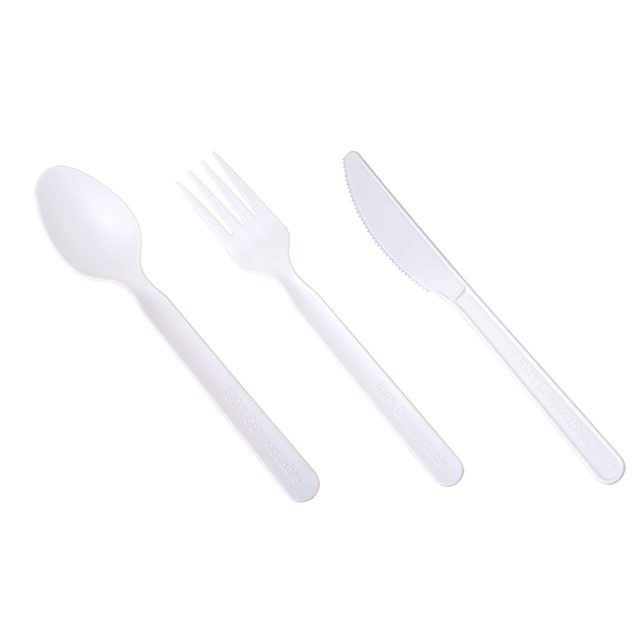 Custom White Disposable PLA Plastic Cutlery Soup Spoon Fork Knife for Dinner Takeaway Parties