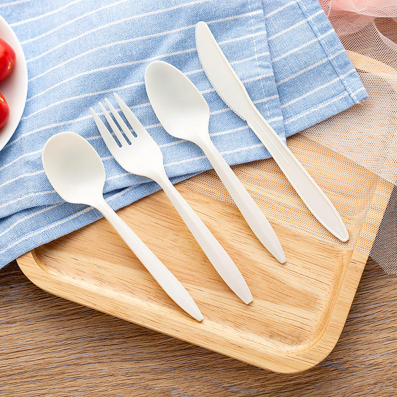 Disposable 100% Compostable Cornstarch Cutlery Set Extra Large Soup Spoons Fork Knife PLA and CPLA Utensils Paper bag box set