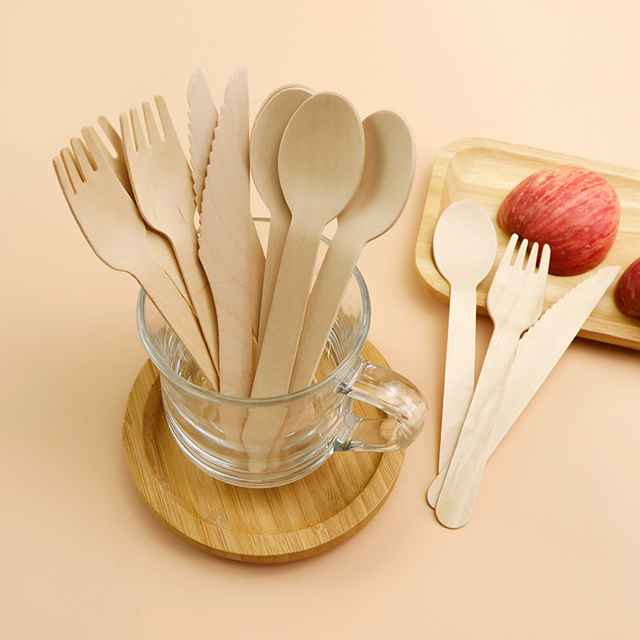Eco-Friendly Biodegradable Disposable Birch Wooden Cutlery Set-Spoon Fork Knife with Individual Packaging