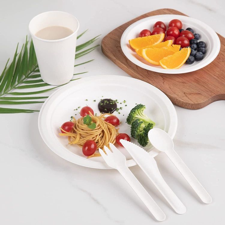2024 Food Grade Bagasse Sugarcane Pulp Paper Spoon Folk Knife Set Eco Friendly Disposable Biodegradable Cutlery For Parties