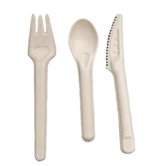 Biologisch abbaubarer Einweg-Zuckerrohr pulpe Weißes essbares Besteck Bagasse Papier messer Gabel löffel