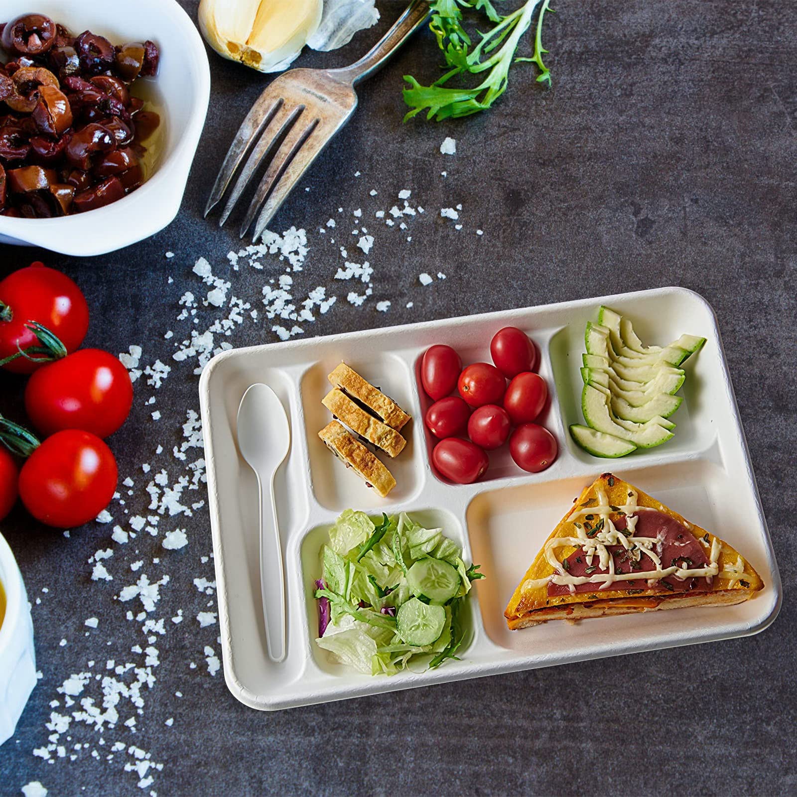 100% Compostable Heavy-Duty Biodegradable Sugarcane Plates 6 Compartment Plates School Lunch Trays