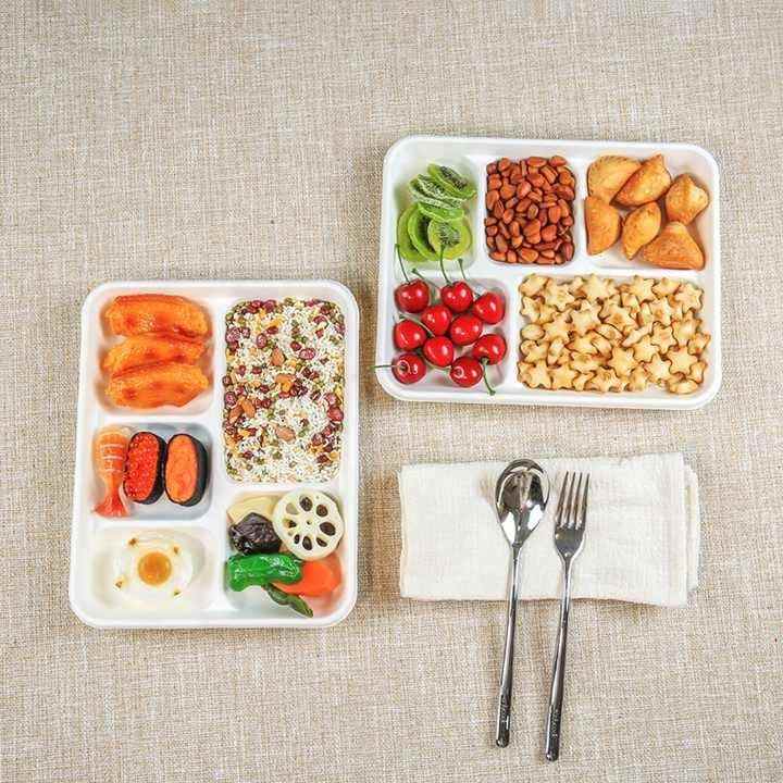 5 Compartment Rectangular Disposable and Compostable Dinnerware Sets Biodegradable Bagasse Food Platter Tray