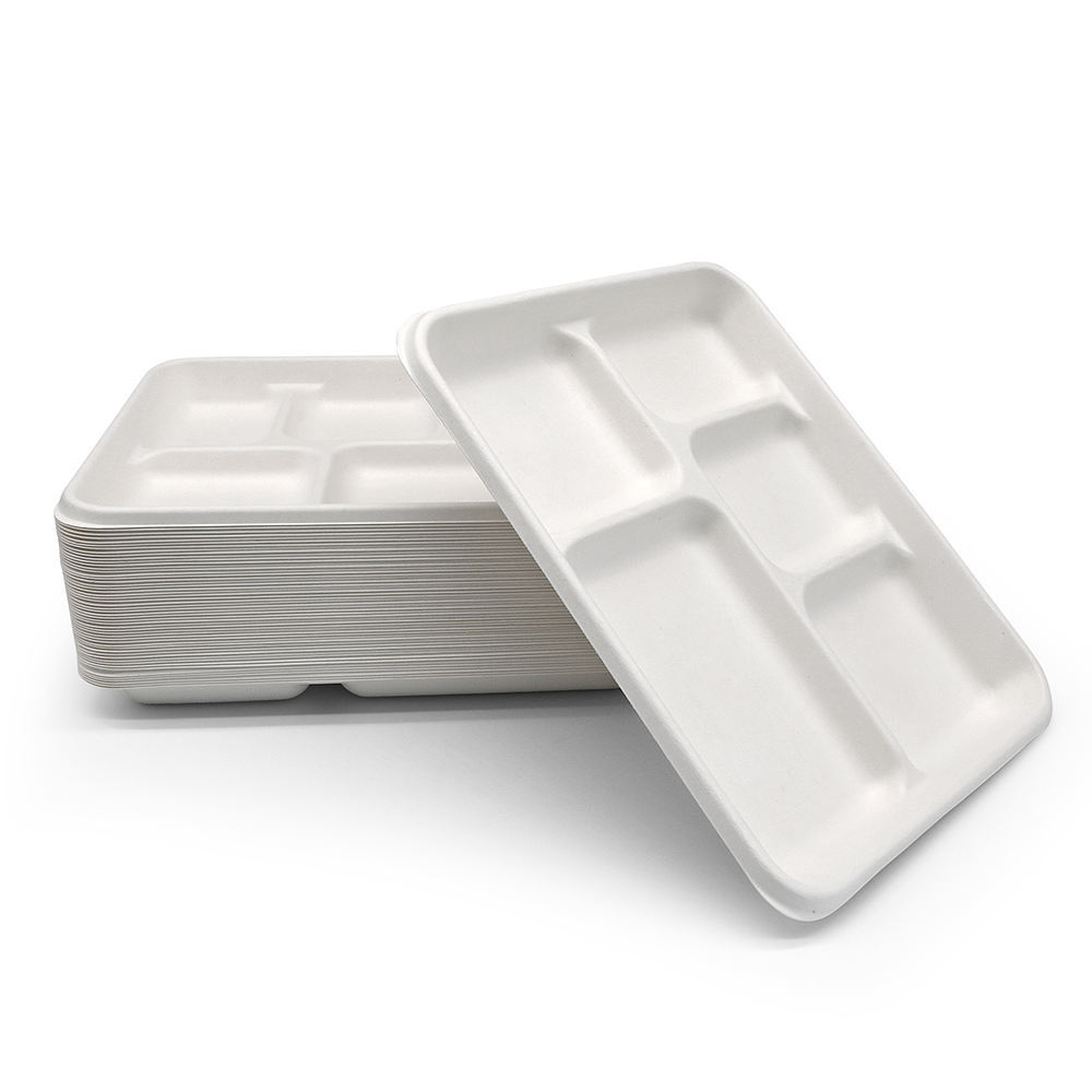Cheap Wholesale Sugarcane Bagasse Food Trays Biodegradable 5 Compartment Deep Tray with Lid