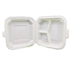 kompostierbare einweg-lunch-klappbox aus maisstärke 8*8 mit 3 fächern
