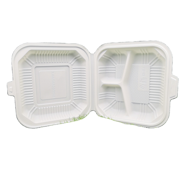 kompostierbare einweg-lunch-klappbox aus maisstärke 8*8 mit 3 fächern