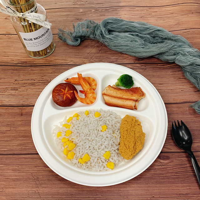 Biodegradable 9inch 3-grid Bagasse Round Plate