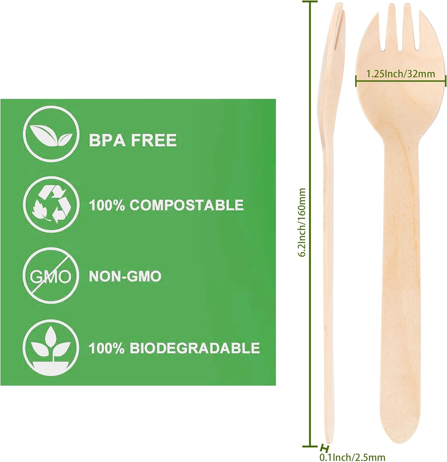 Biodegradable Disposable Birch Wood Spork Tableware 6.3 inch Natural Utensils including Fork Knife for Party Food