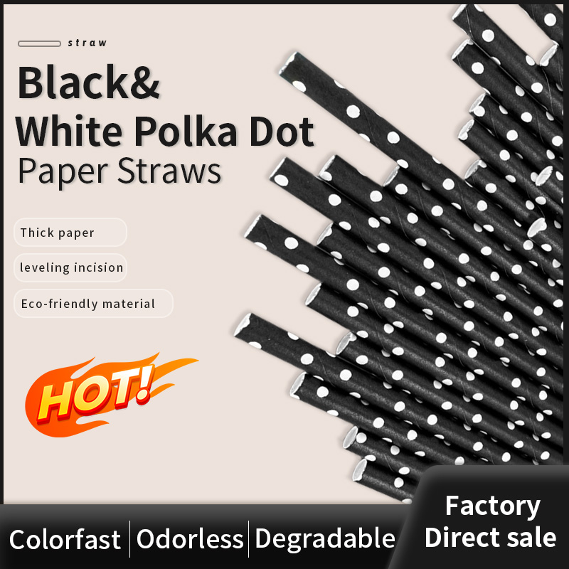 2025 Bulk Durable Paper Straws Biodegradable Straws Black and White Dots Reusable Drinking Straws