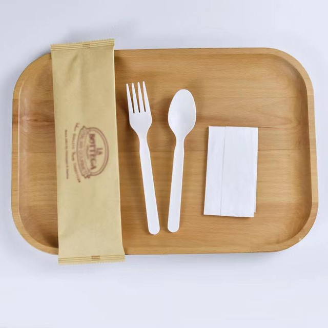 Disposable 100% Compostable Cornstarch Cutlery Set Extra Large Soup Spoons Fork Knife PLA and CPLA Utensils Paper bag box set