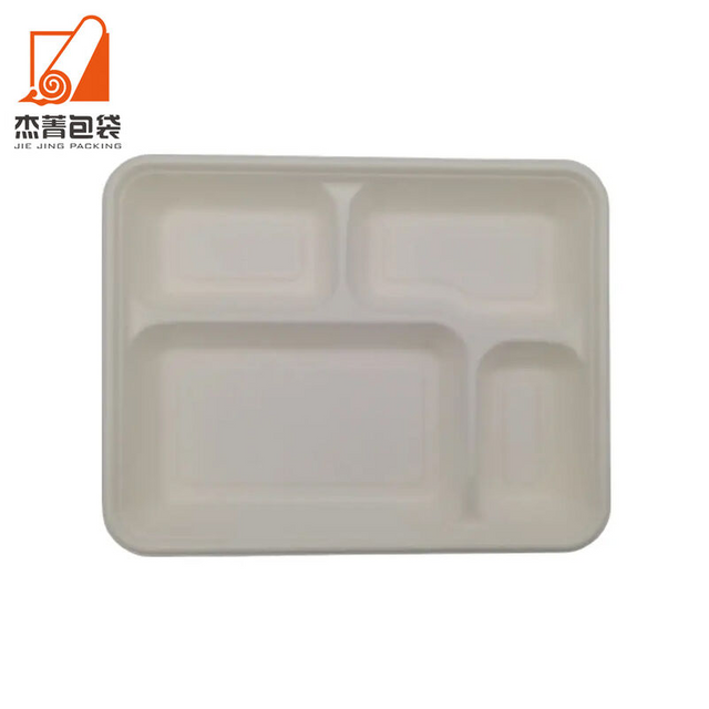 4 Compartment Meal Tray Rectangular Plate Greaseproof Microwavable Disposable Sugarcane Paper Plates
