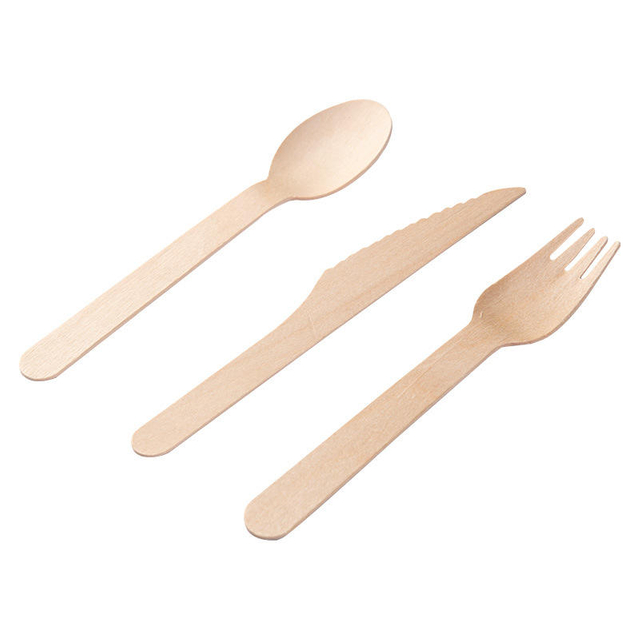 Portable wood effect travel cutlery set with individual paper wrapped wood fiber cutlery
