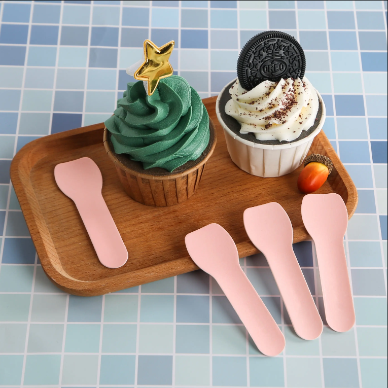Eco-friendly Customized Logo Printed Biodegradable pink Small Gelato Paper Spoon Disposable Paper Cutlery Sets for Ice Cream