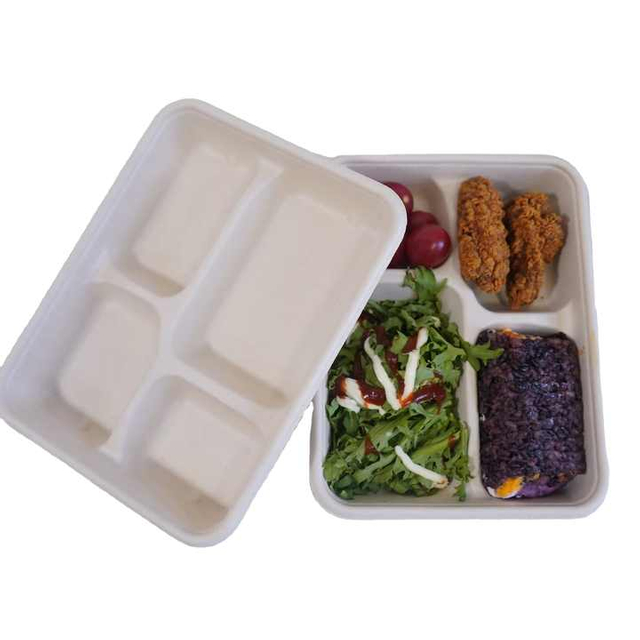 Eco-Friendly 9*6\" Disposable Sugarcane Biodegradable Lunch Box Container 2 Compartment Bagasse Clamshell Sustainable