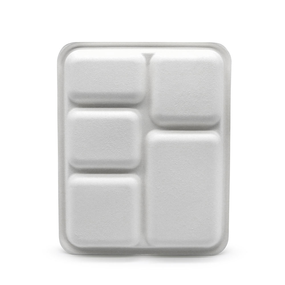 Cheap Wholesale Sugarcane Bagasse Food Trays Biodegradable 5 Compartment Deep Tray with Lid