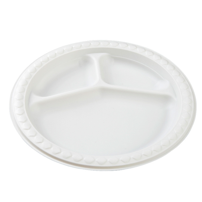 Microwavable 3 Compartments Disposable Corn Starch Plates Environmentally Friendly Round White Plates