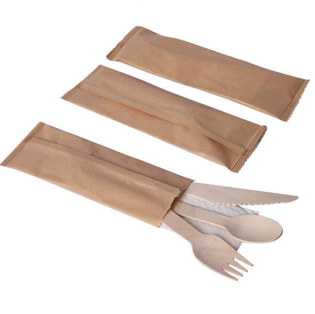 Natural Birch Wood Fancy Wooden Disposable Cutlery Spoon Fork Knife Set